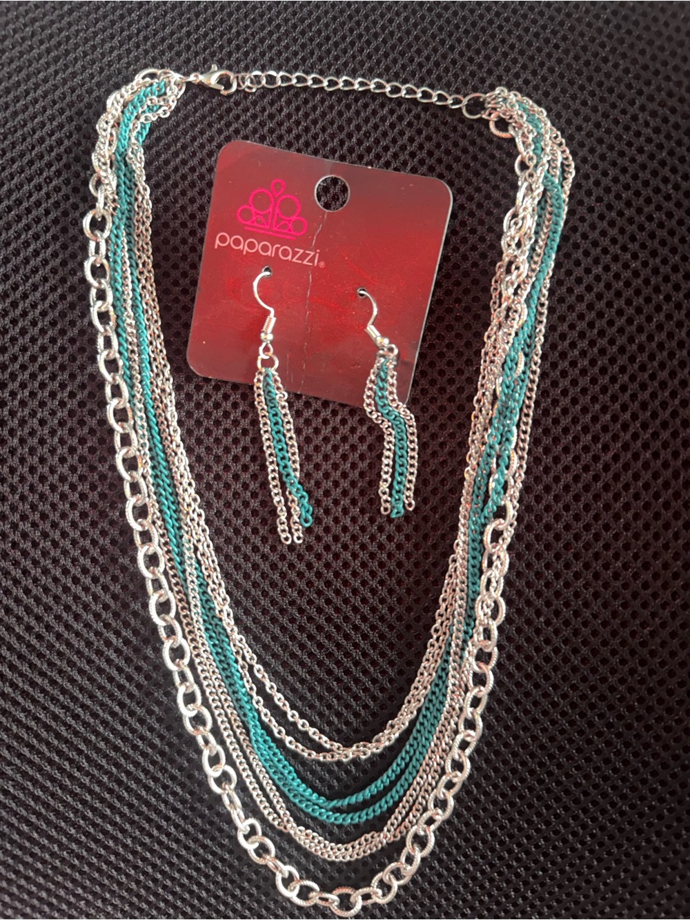 Paparazzi Teal and Silver Layered Chain Necklace & Earrings Set